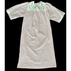 Vintage Stan Herman Caftan House Dress Embroidered Flowers Seersucker Pink White